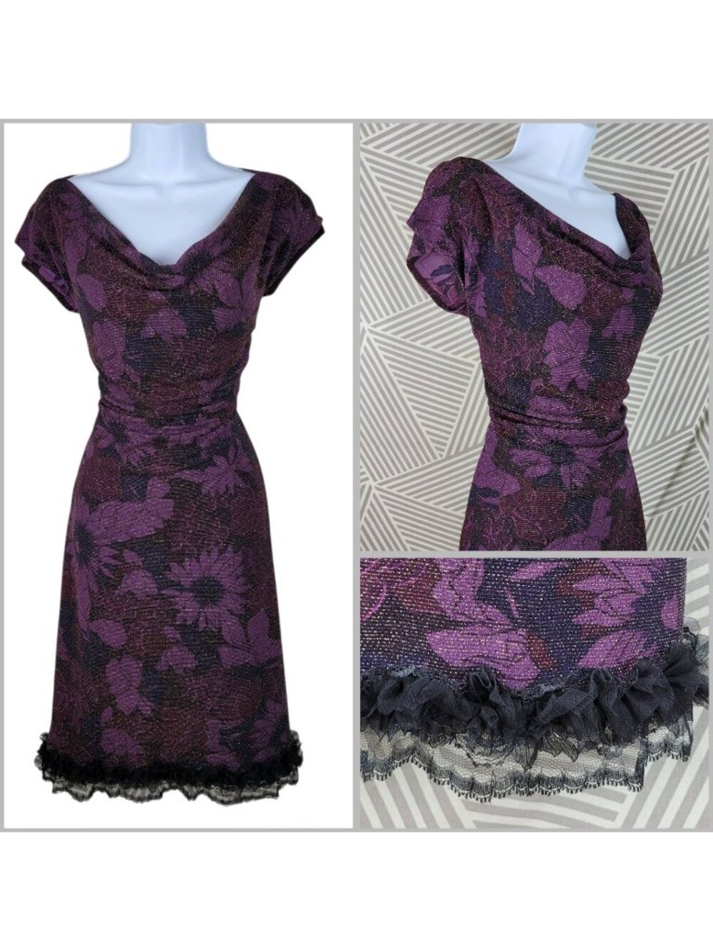 Vintage Evening Dress 8 Medium Glitter Formal Event Stretch Ruched Alt Purple